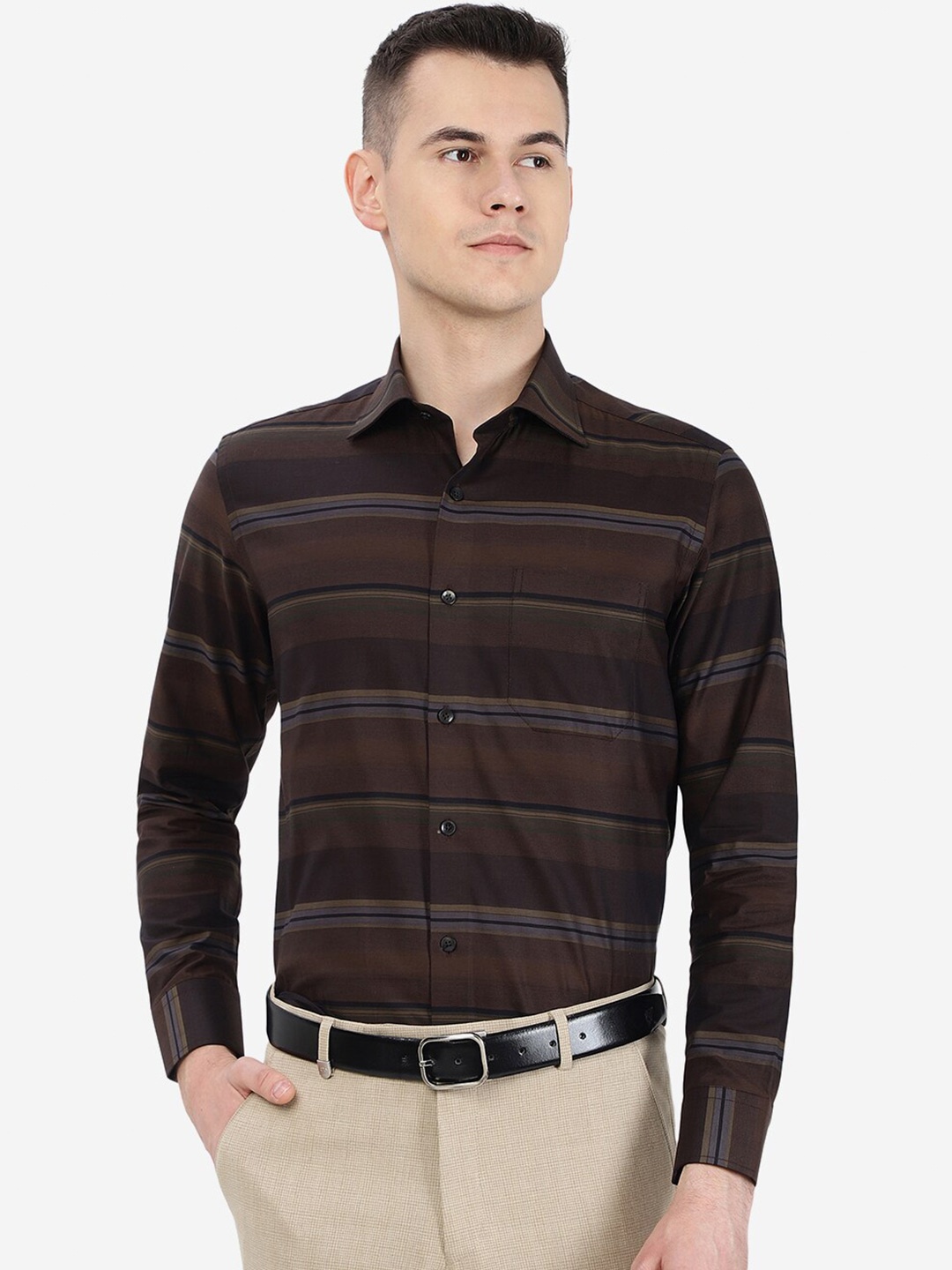 

METAL Slim Fit Horizontal Stripes Striped Cotton Formal Shirt, Brown