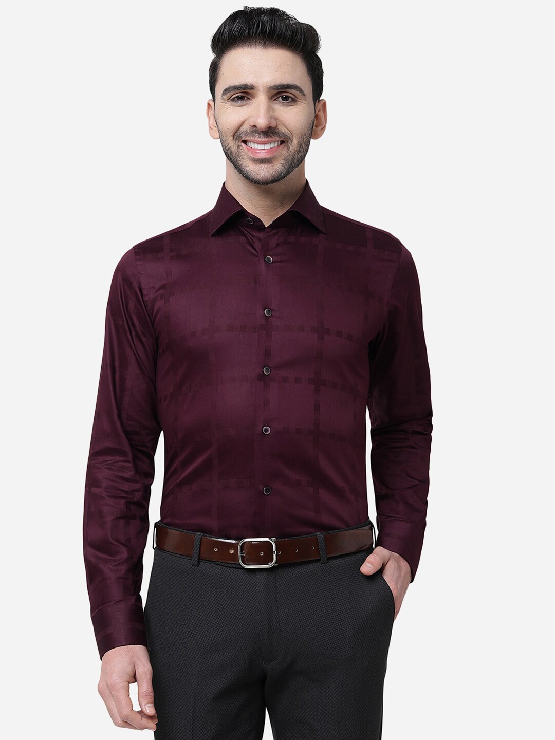 

WYRE Slim Fit Windowpane Checks Cotton Formal Shirt, Maroon