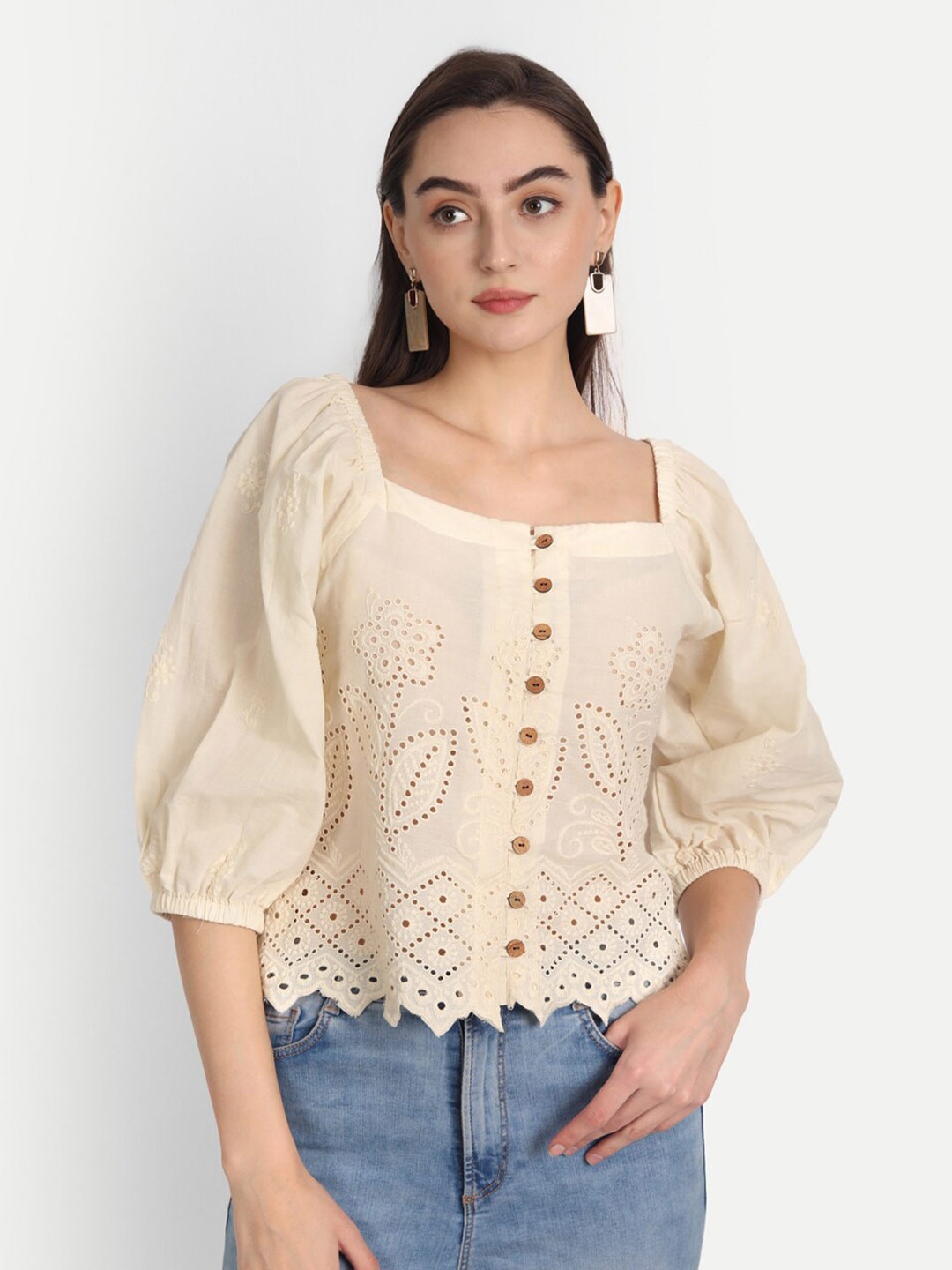 

Jilmil Schiffli Self Design Square Neck Cotton Top, Cream