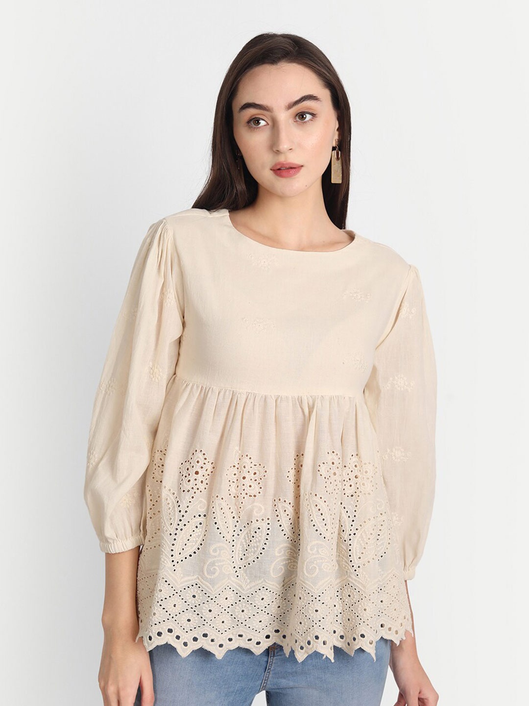 

Jilmil Schiffli Self Design A-Line Pleated Cotton Top, Cream