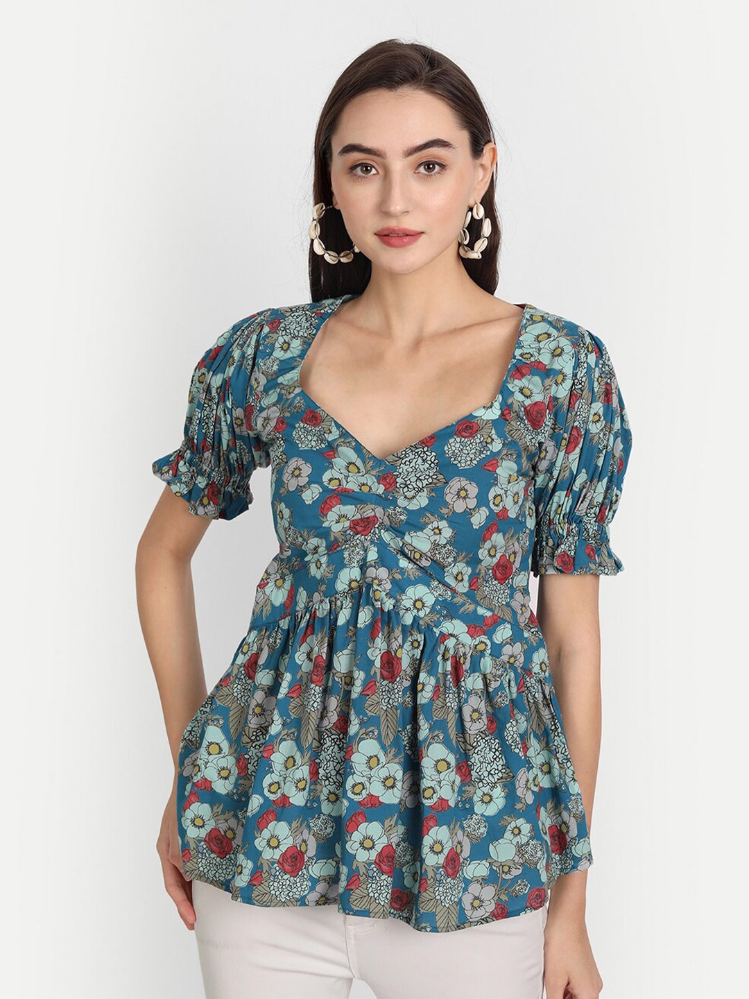 

Jilmil Floral Printed V-Neck Puff Sleeves Pleated A-Line Dress, Blue