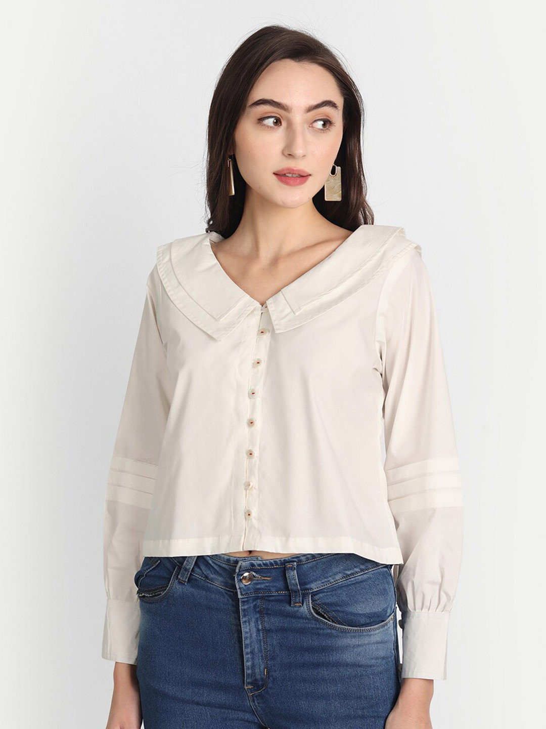 

Jilmil Above the Keyboard Collar Cuffed Sleeves Cotton Shirt Style Top, Off white
