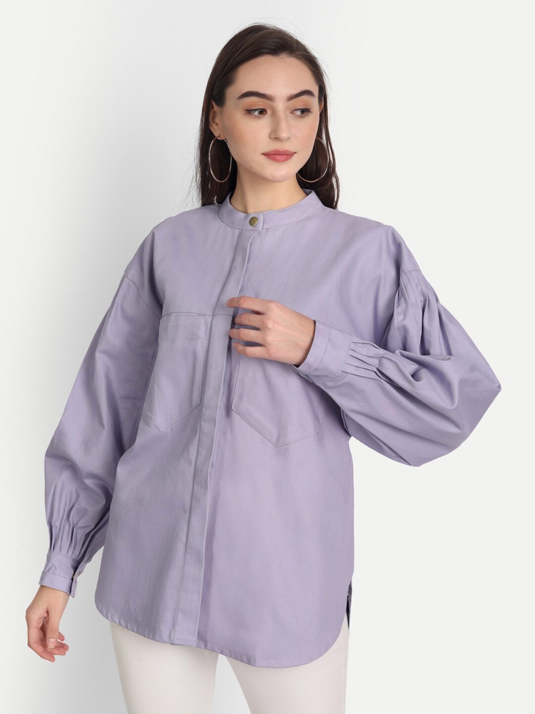 

Jilmil Mandarin Collar Cuffed Sleeves Cotton Shirt Style Top, Lavender