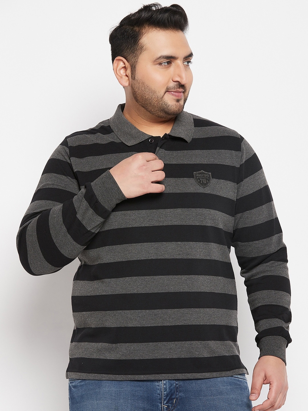 

AUSTIVO Plus Size Striped Polo Collar Cotton T-shirt, Black