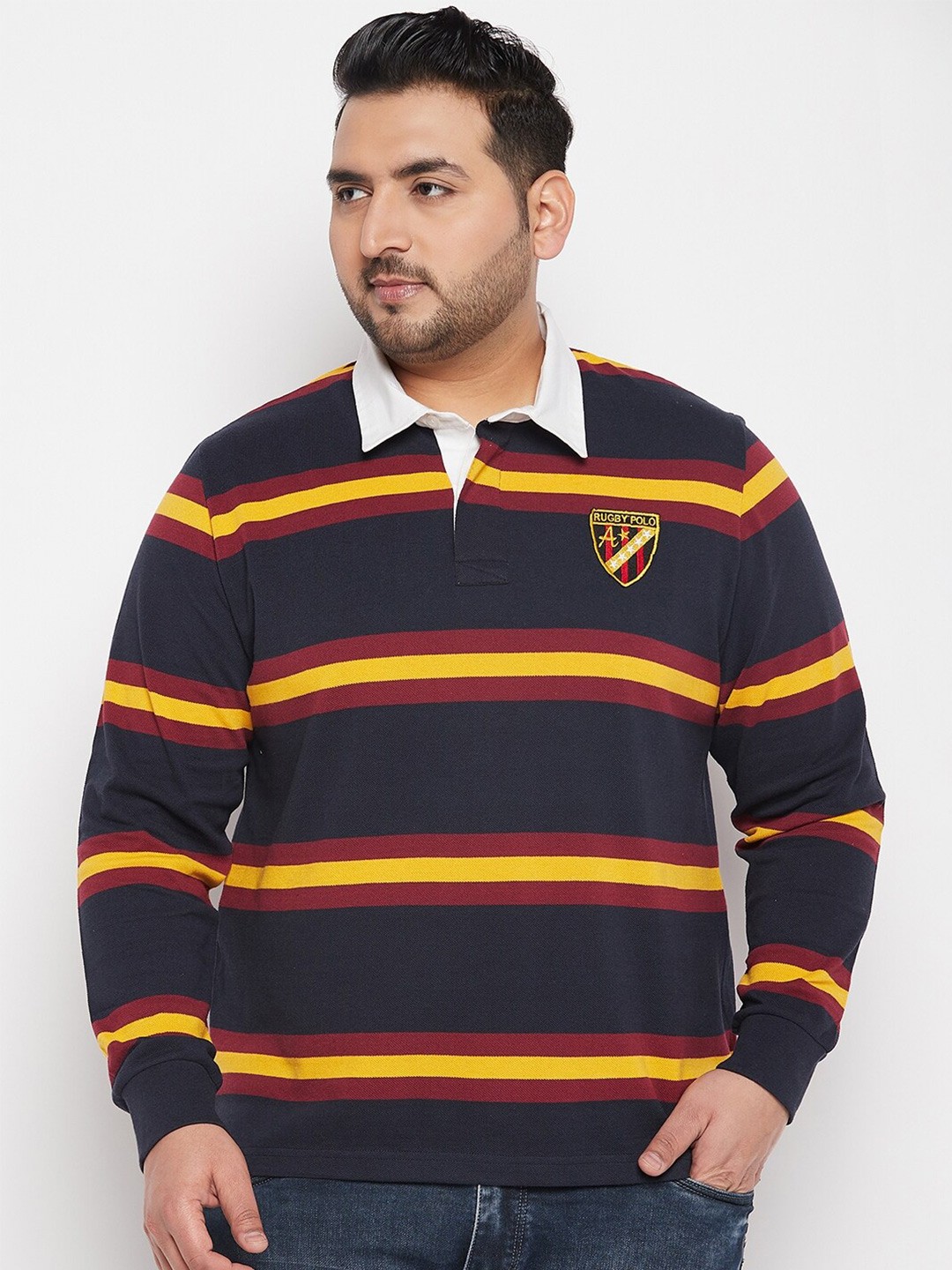 

AUSTIVO Plus Size Striped Polo Collar Cotton T-shirt, Navy blue