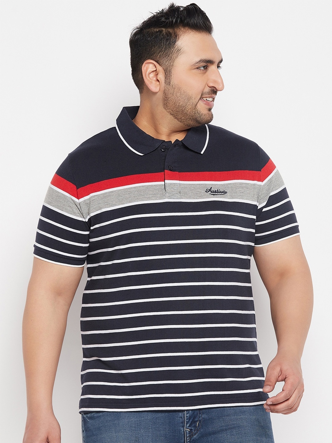 

AUSTIVO Men Plus Size Striped Polo Collar Pure Cotton T-shirt, Black