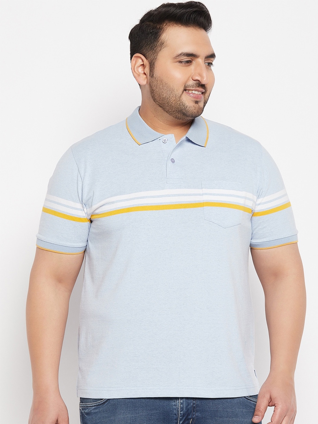 

AUSTIVO Plus Size Striped Polo Collar Cotton T-shirt, Grey