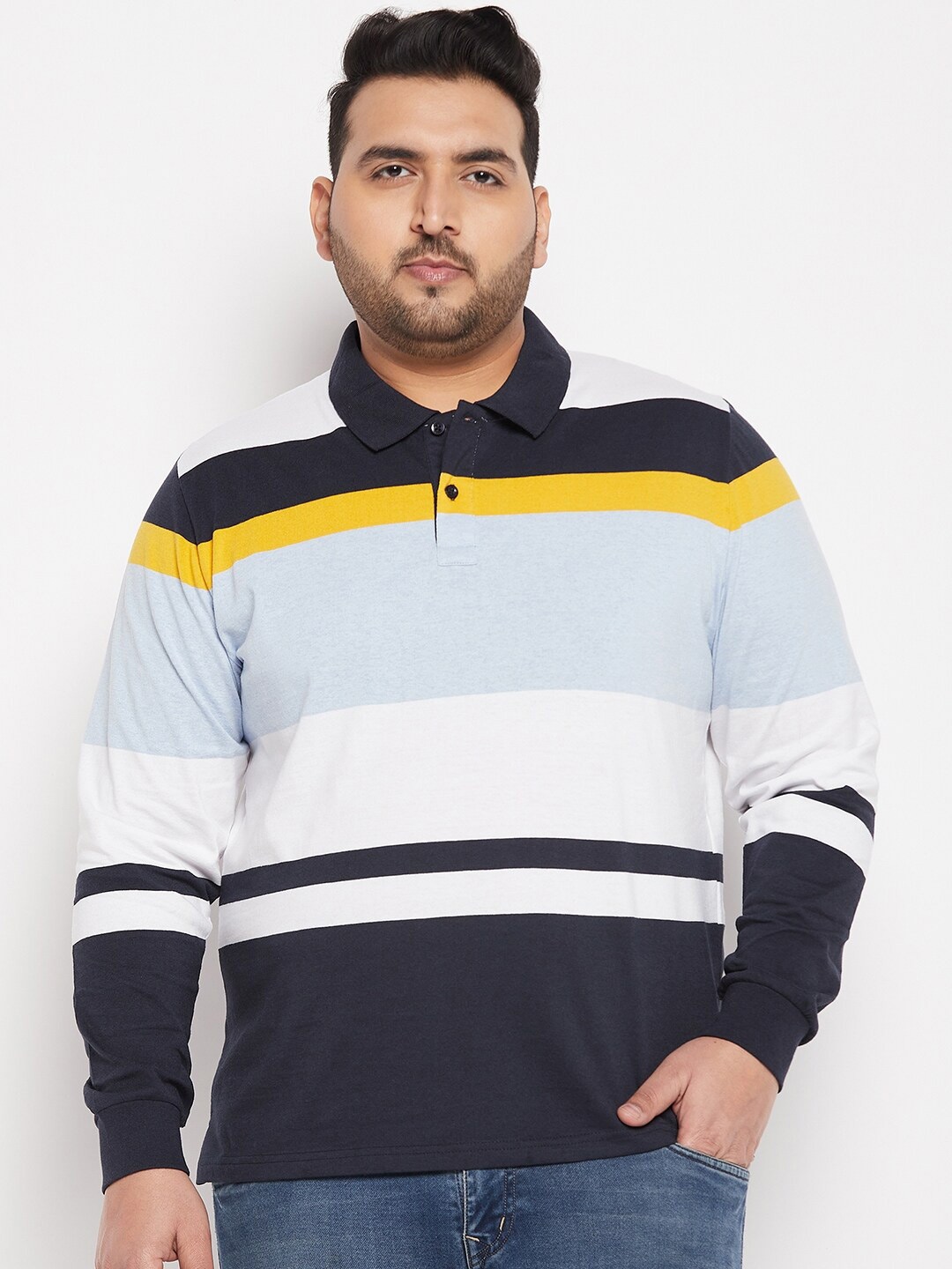 

AUSTIVO Plus Size Striped Polo Collar Long Sleeve Pure Cotton T-shirt, Navy blue