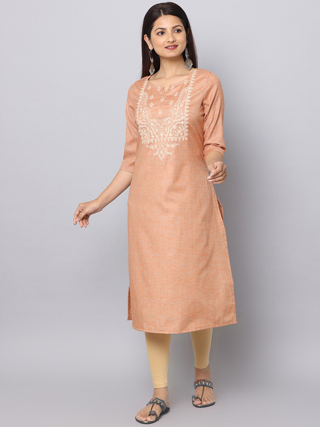 

Alena Embroidered Yoke Design Notched Neck Thread Work Kurta, Rust