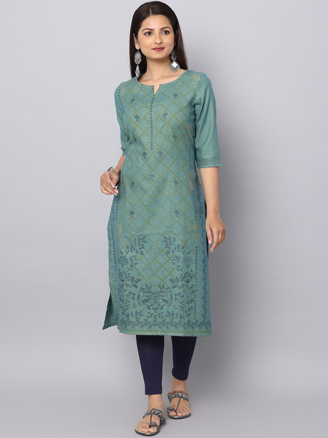 

Alena Floral Printed Round Neck Kurta, Teal