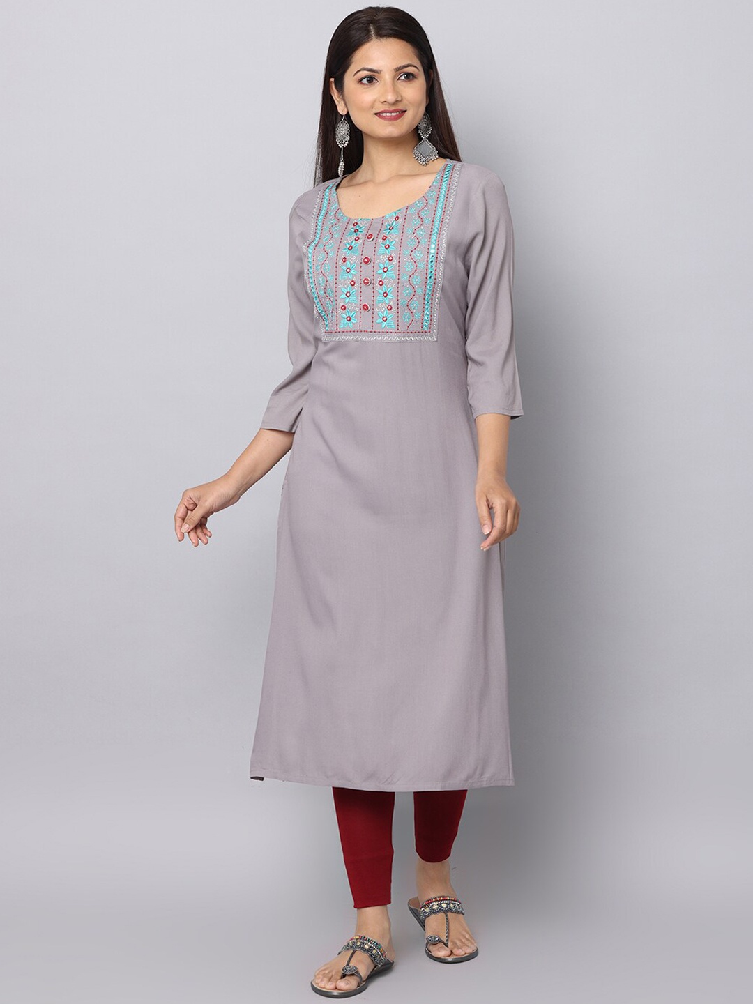 

Alena Embroidered Yoke Design Round Neck Thread Work Kurta, Grey