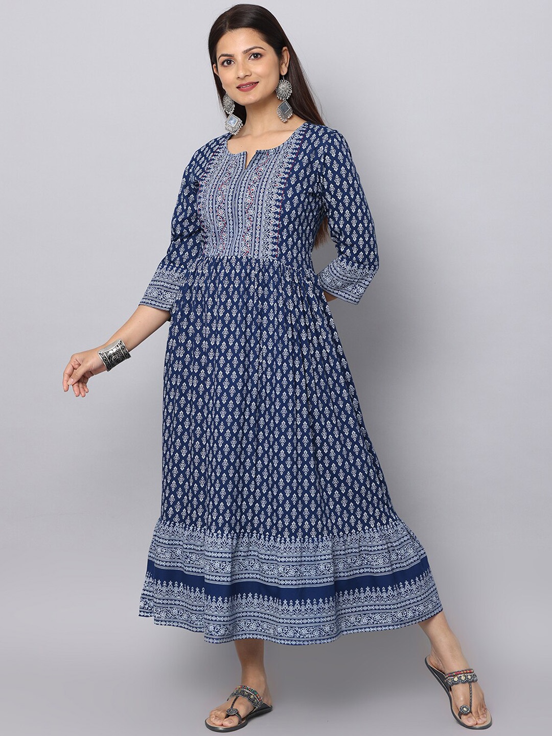 

Alena Ethnic Motifs Printed Cotton Ethnic Dress, Navy blue