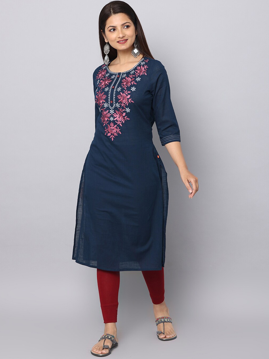 

Alena Embroidered Yoke Design Round Neck Thread Work Kurta, Navy blue