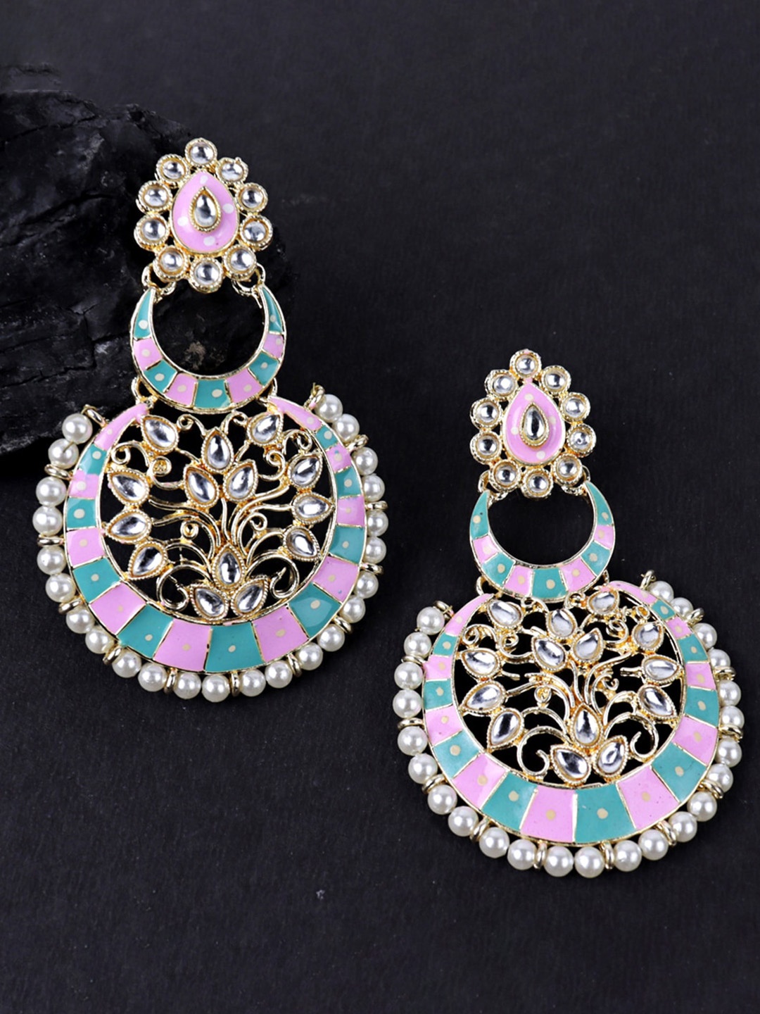 

VAGHBHATT Traditional Gold Plated Kundan Pearl Meenakari Chandbali Earrings, Pink