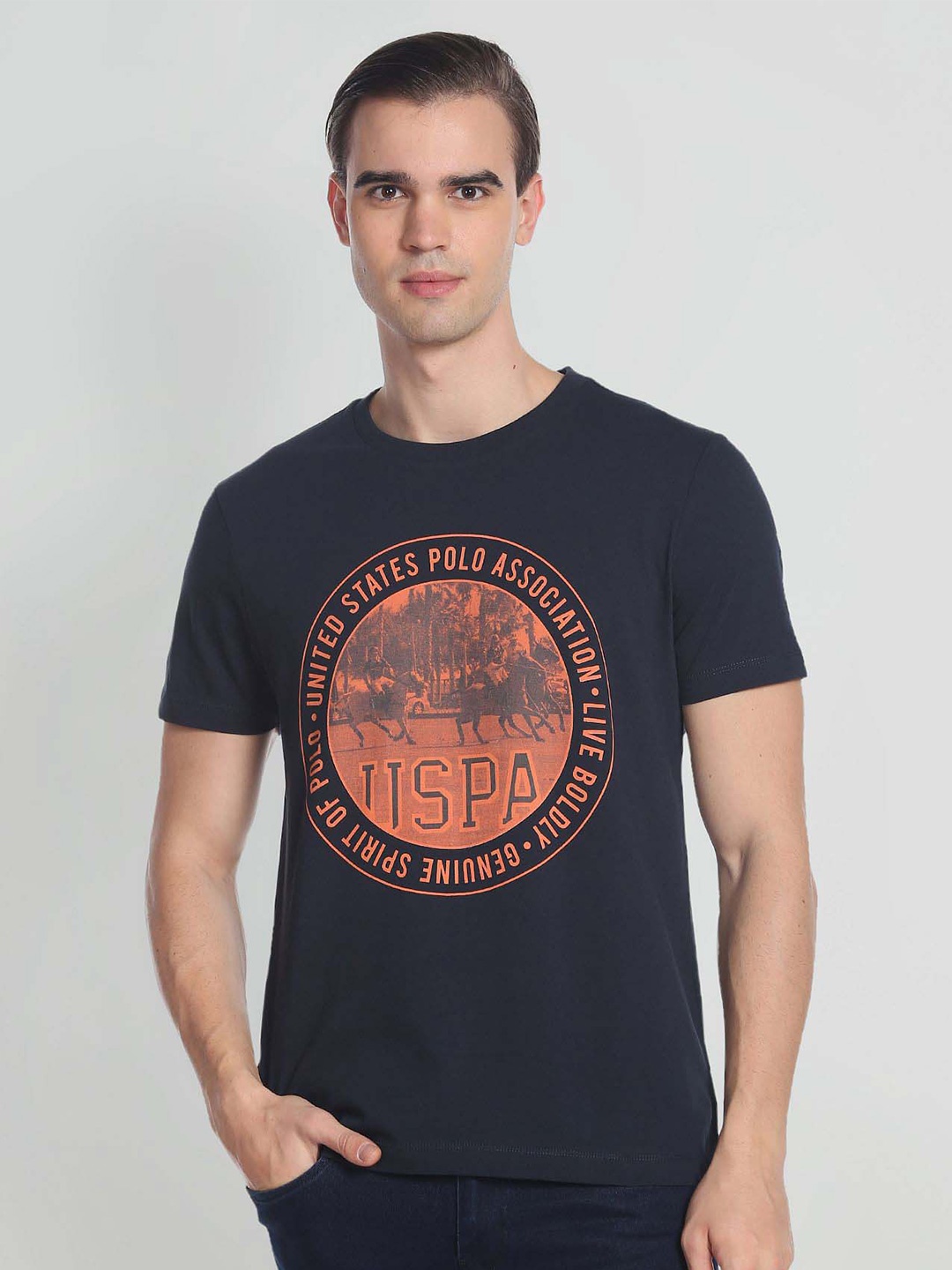 

U.S. Polo Assn. Denim Co. Graphic Printed Pure Cotton Slim Fit T-shirt, Navy blue