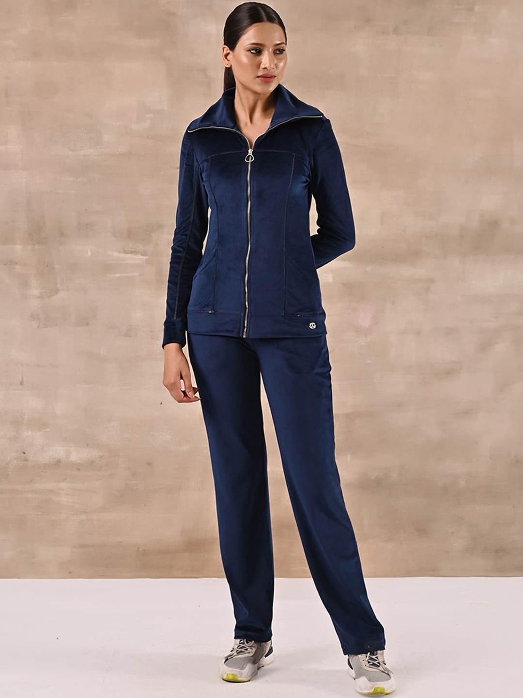 

Lakshita Women Spread Collar Long Sleeves Mid-Rise Velour Tracksuit, Blue