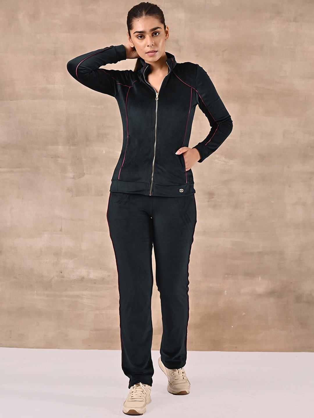 

Lakshita Women Mock Collar Long Sleeves Mid-Rise Velour Tracksuit, Navy blue