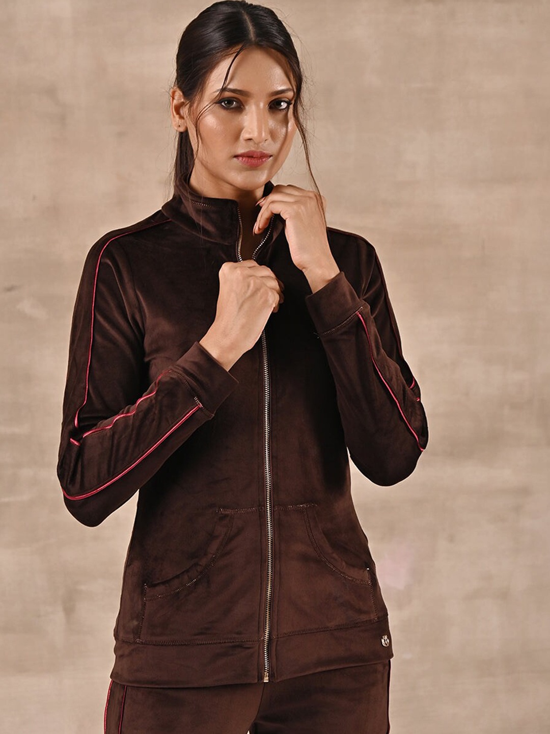 

Lakshita Women Mock Collar Long Sleeves Mid-Rise Velour Tracksuit, Brown