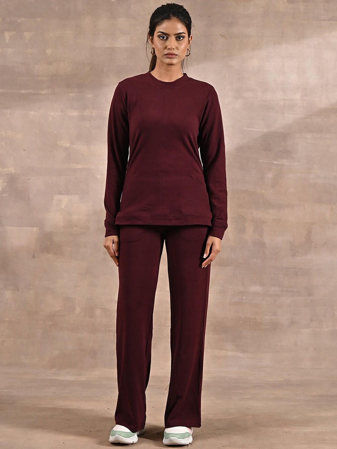 

Lakshita Women Round Neck Long Sleeves Mid-Rise Velour Tracksuit, Maroon