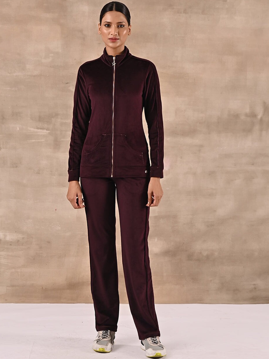 

Lakshita Plus Size Velour Mock Collar Tracksuits, Maroon