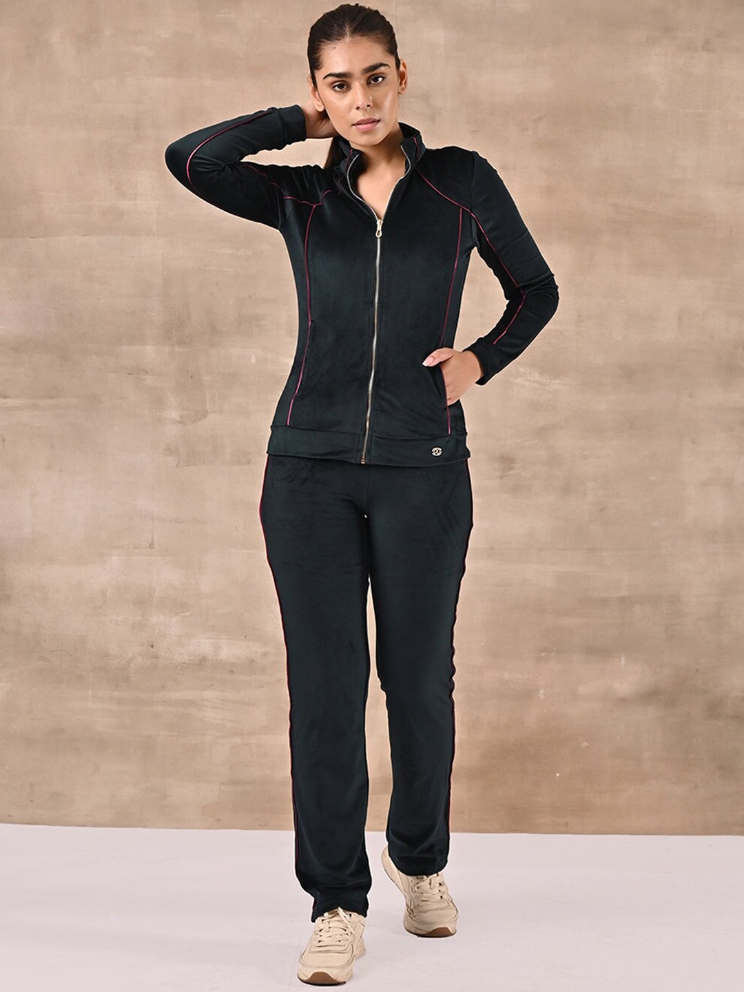 

Lakshita Velour Paneled Mock Collar Tracksuits, Navy blue