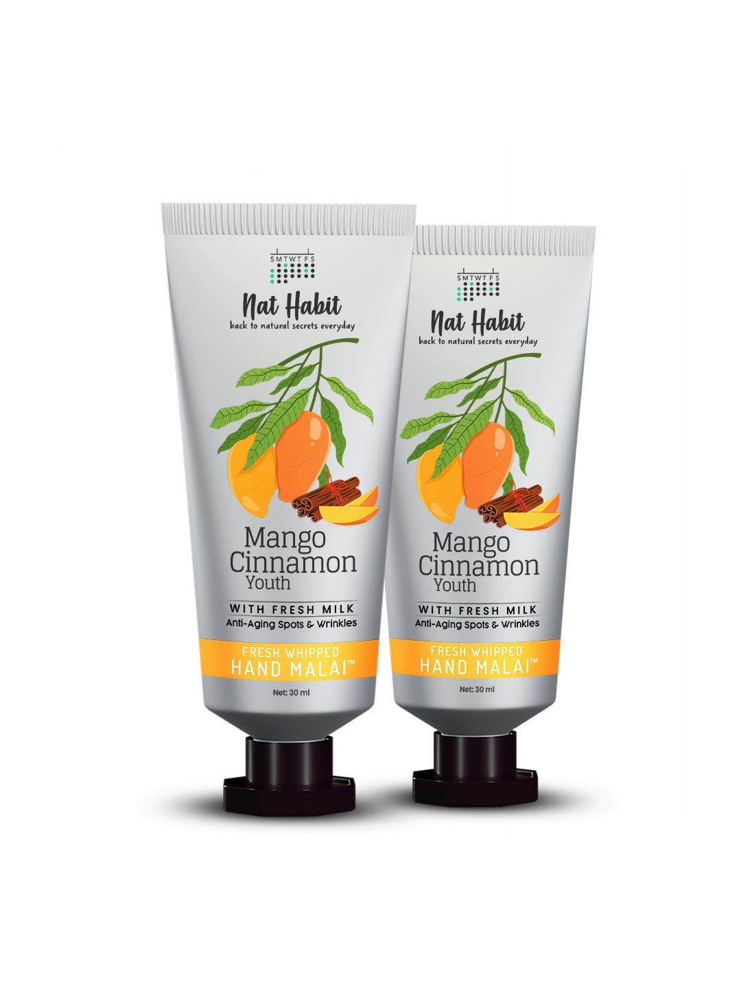 

Nat Habit Set of 2 Mango Cinnamon Youth Whipped Hand Malai - 25 ml Each, Yellow