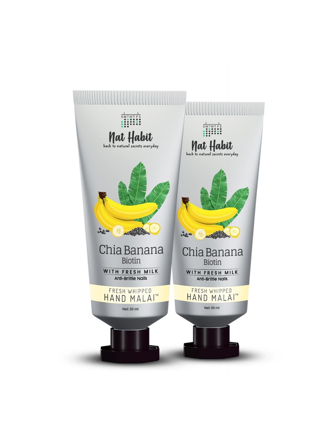 

Nat Habit Set f 2 Chia Banana Biotin Fresh Whipped Hand Malai Cream - 25 ml Each, Yellow