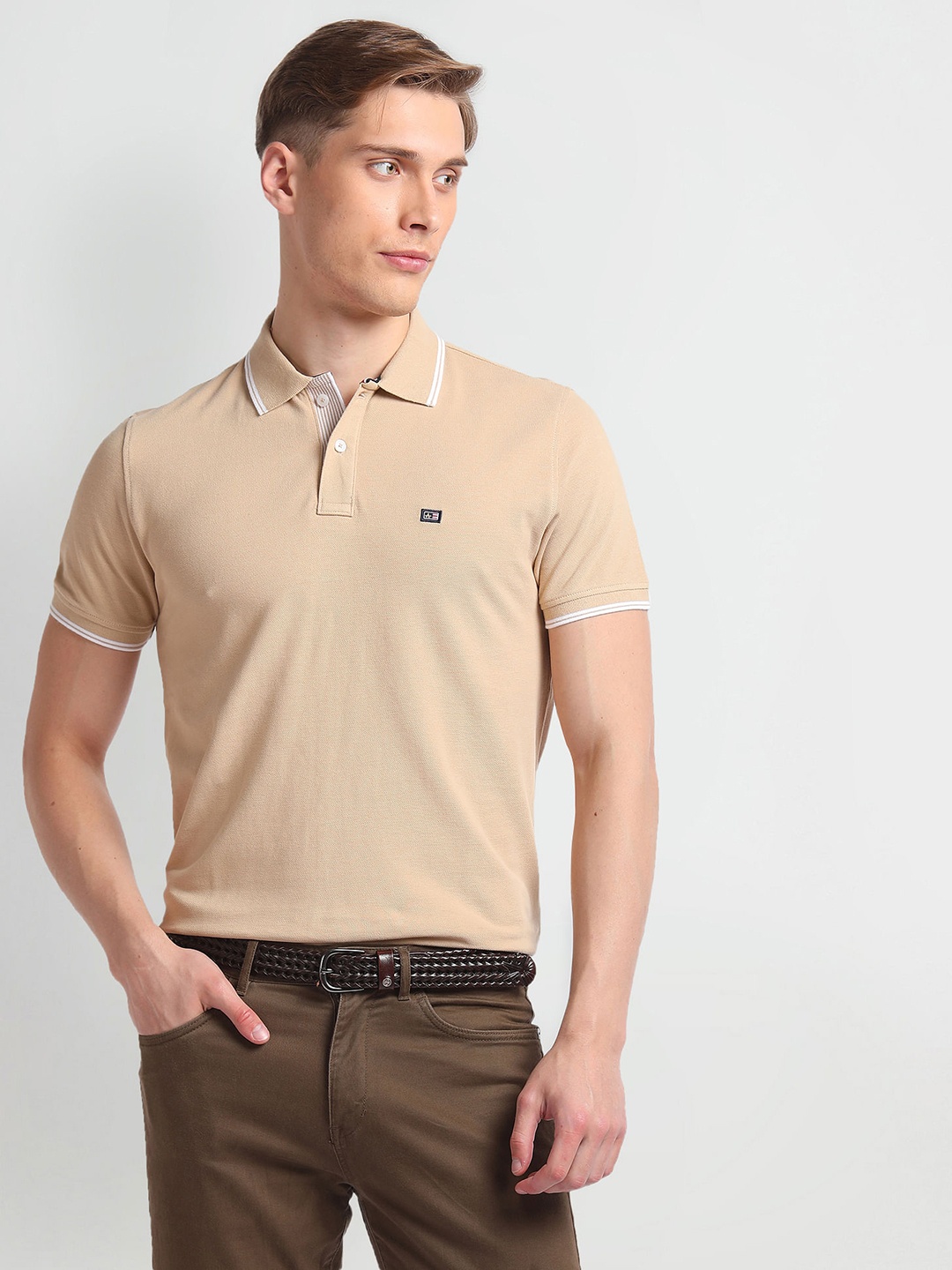 

Arrow Sport Pure Cotton Tipped Solid Pique Polo Shirt, Beige