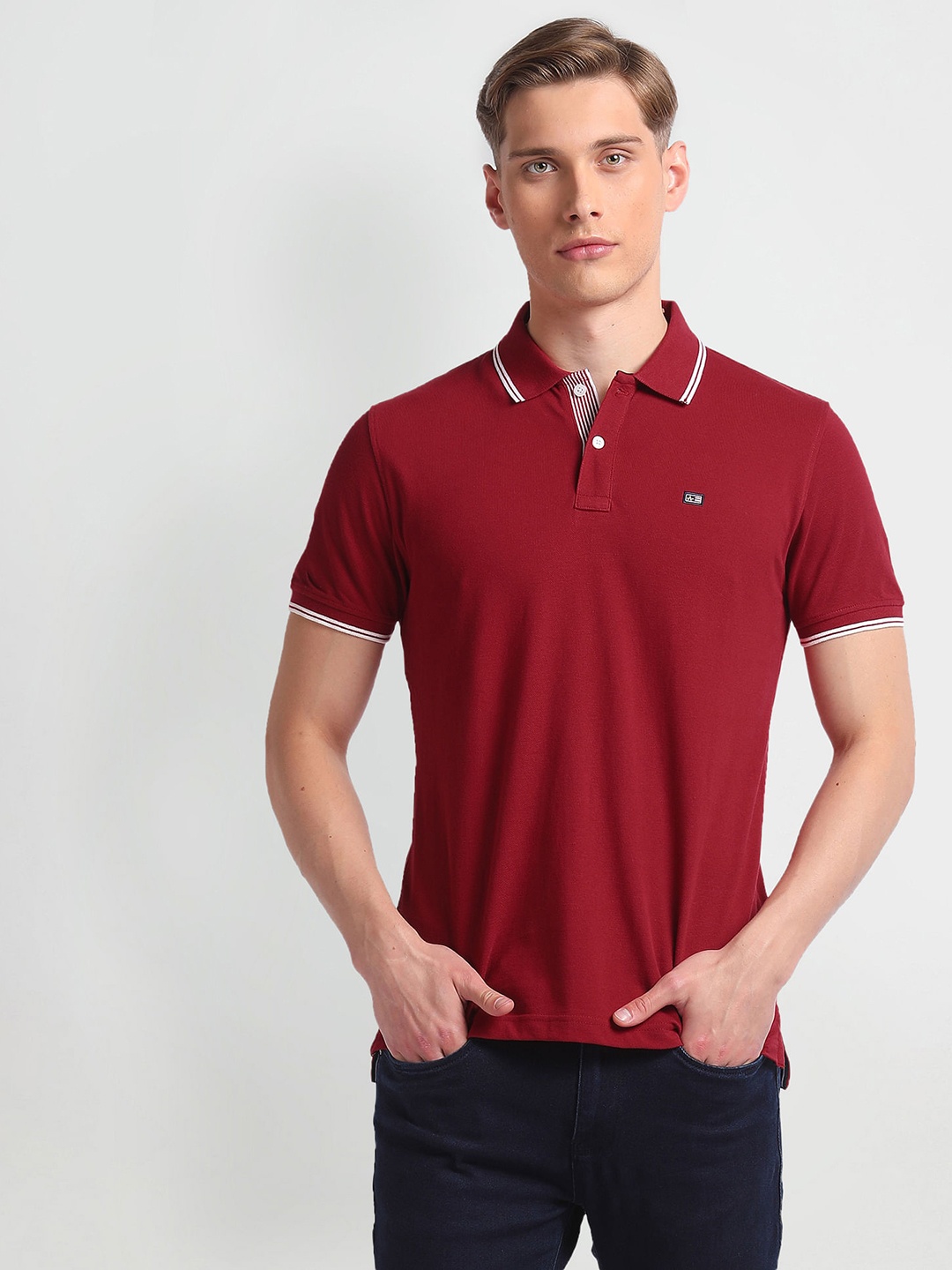 

Arrow Sport Tipped Solid Pique Polo Collar Pure Cotton T-shirt, Red