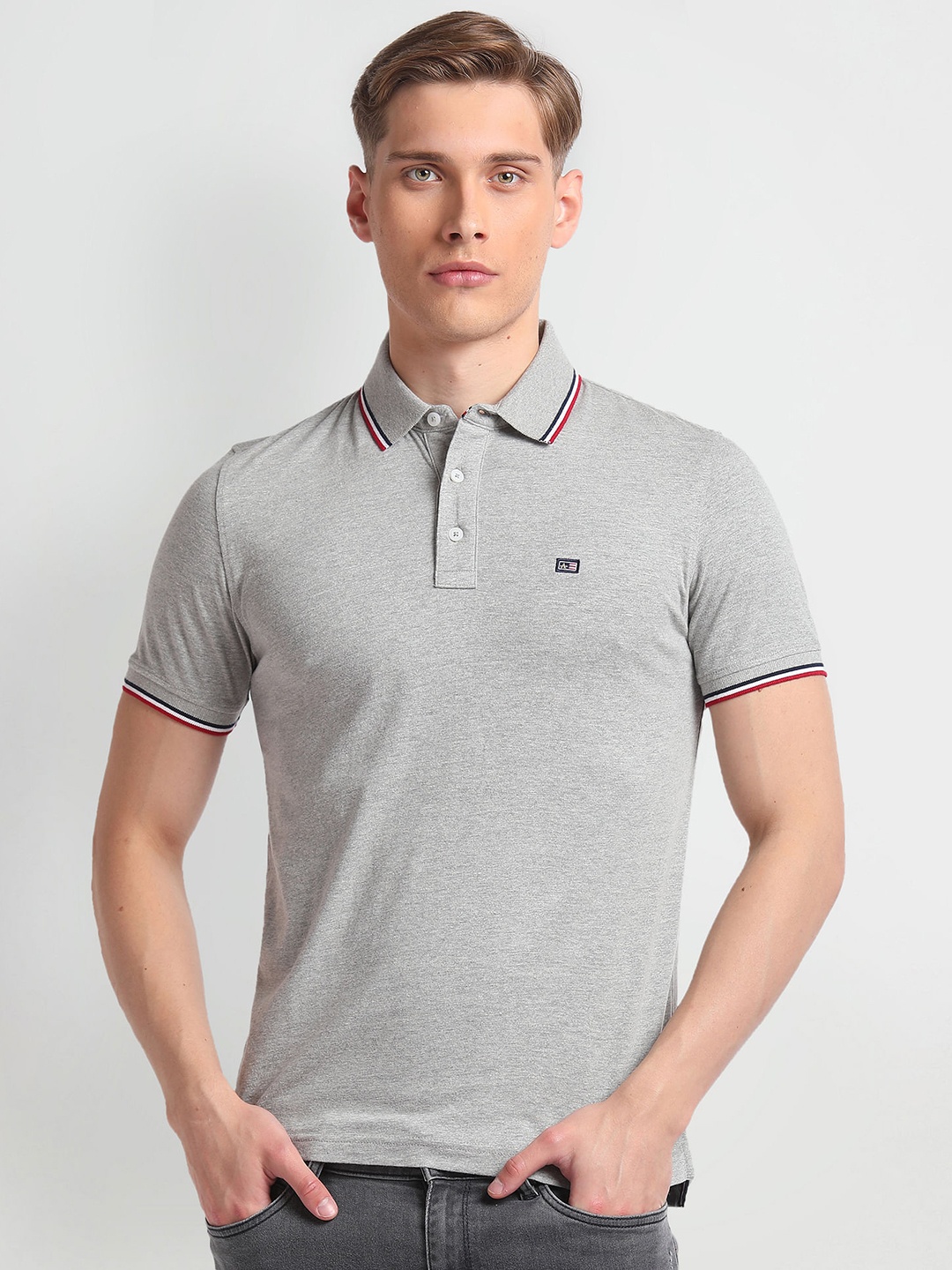 

Arrow Sport Striped Polo Collar Cotton T-shirt, Grey
