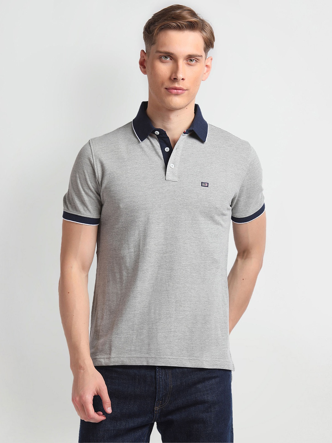 

Arrow Sport Tipped Contrast Polo Collar Pure Cotton T-shirt, Grey