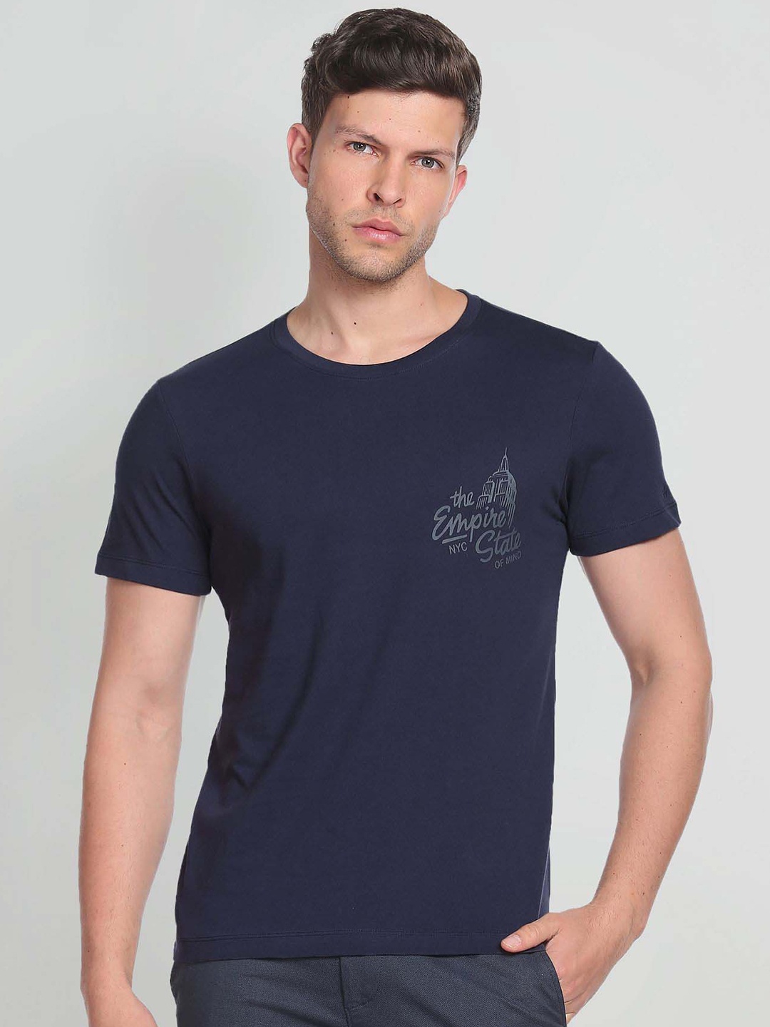 

Arrow Sport Round Neck Graphic Print Cotton T-shirt, Navy blue