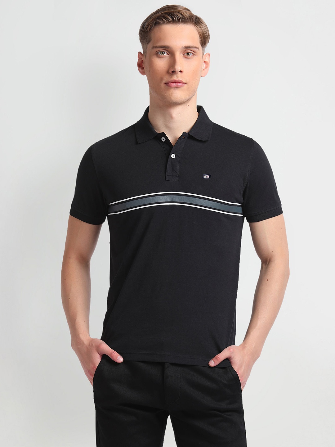 

Arrow Sport Striped Jersey Cotton Polo Collar T-shirt, Black