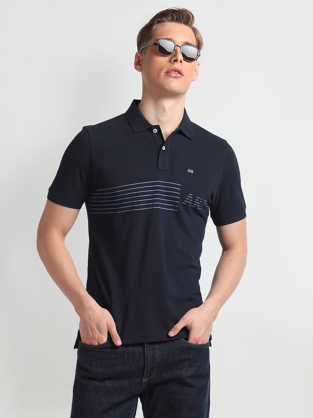 

Arrow Sport Men Striped Polo Collar Cotton T-shirt, Navy blue