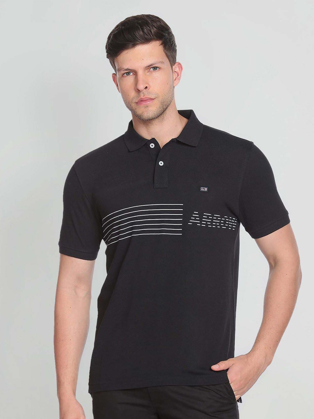 

Arrow Sport Men Horizontal Striped Polo Collar Cotton T-shirt, Black