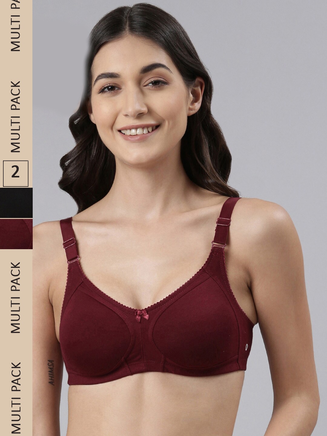 

Dollar Missy Pack of 2 Wire-Free Panelled Support Bra DES-1251-R3-BLK-MRN-PO2, Black