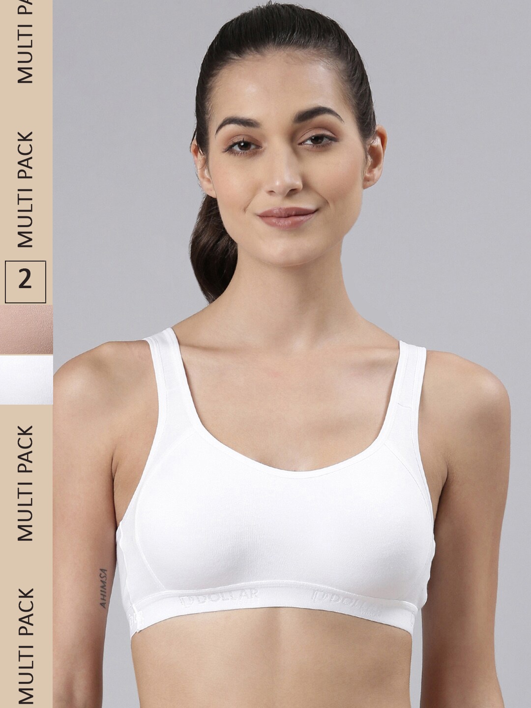 

Dollar Missy Pack of 2 Cotton Wire-Free Moulded Sports Bra, White