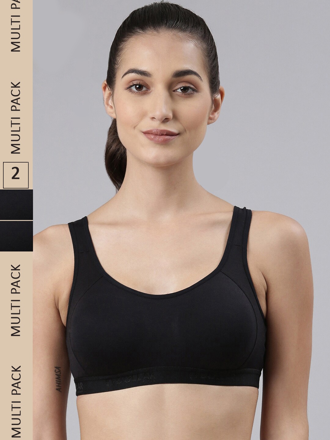 

Dollar Missy Pack of 2 Cotton Wire-Free Moulded Sports Bra, Black