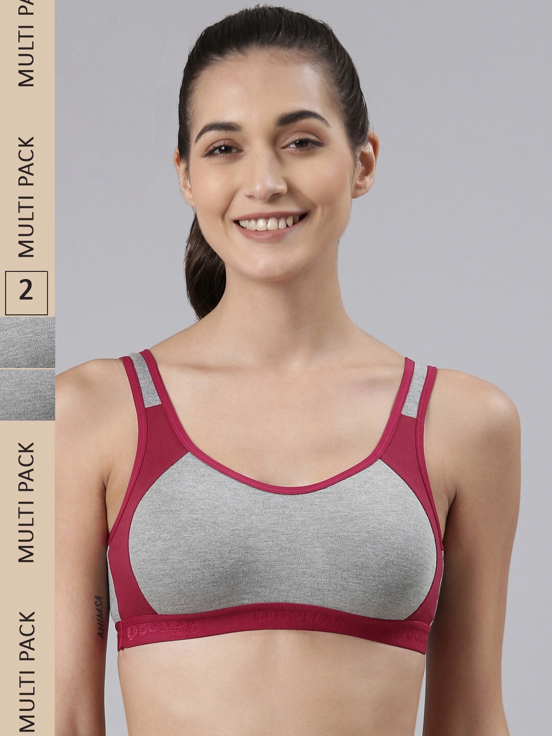 

Dollar Missy Pack of 2 Women Cotton Wire-Free Moulded Sports Bra DSP-3001-R3-BGM-CGM-PO2, Grey melange