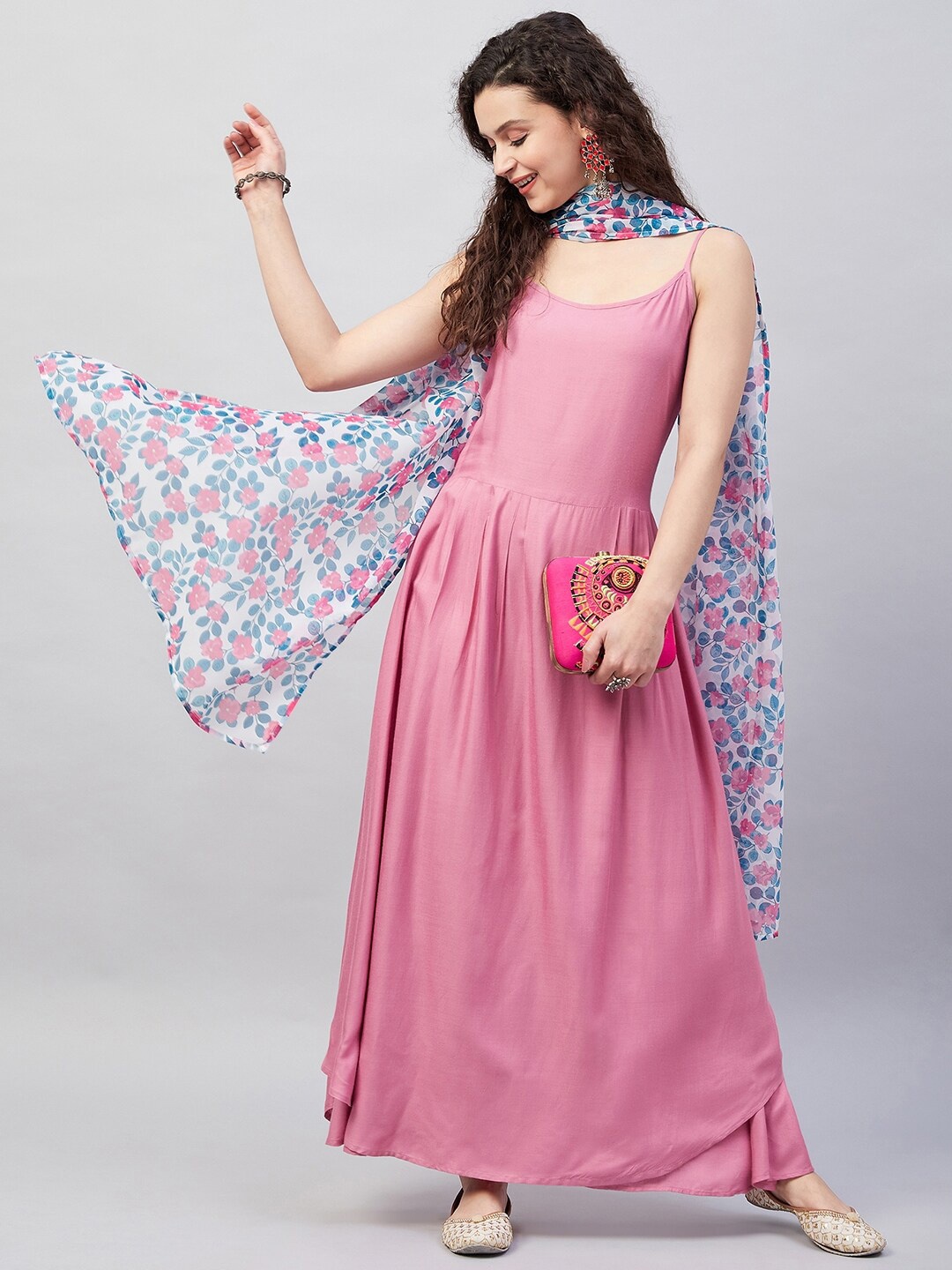 

InWeave Shoulder Straps Pleated Anarkali Kurta with Palazzos & Dupatta, Pink