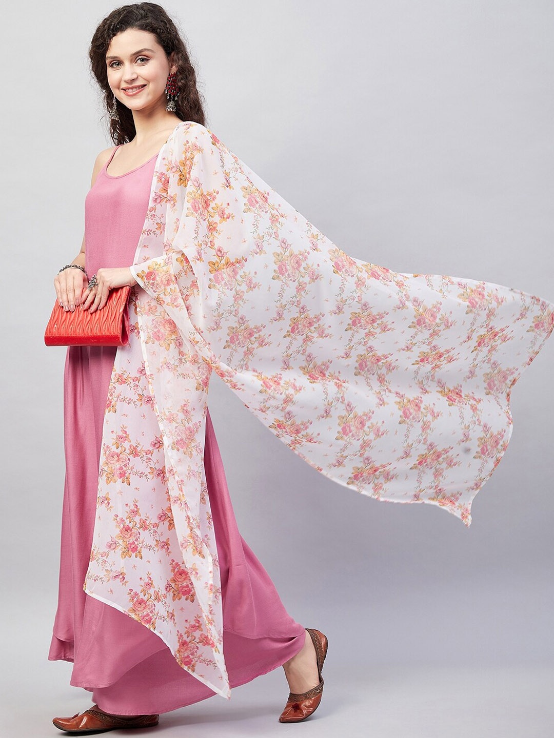 

InWeave Shoulder Straps Pleated Anarkali Kurta with Palazzos & Dupatta, Pink