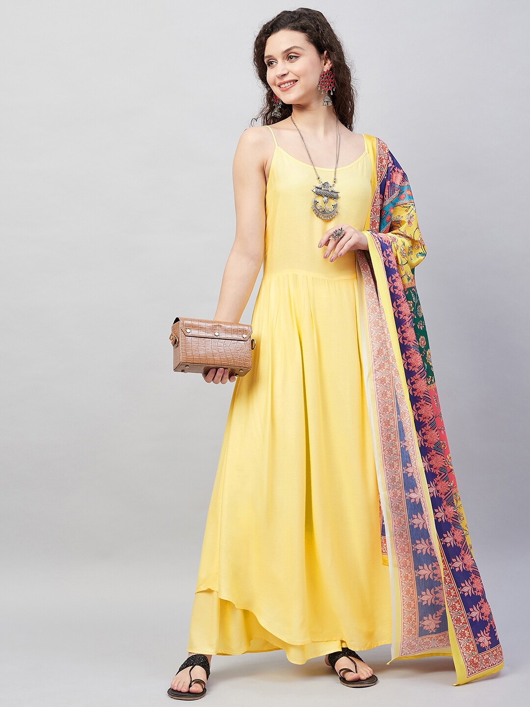 

InWeave Shoulder Strap Printed Anarkali Kurta with Trousers & Dupatta, Yellow