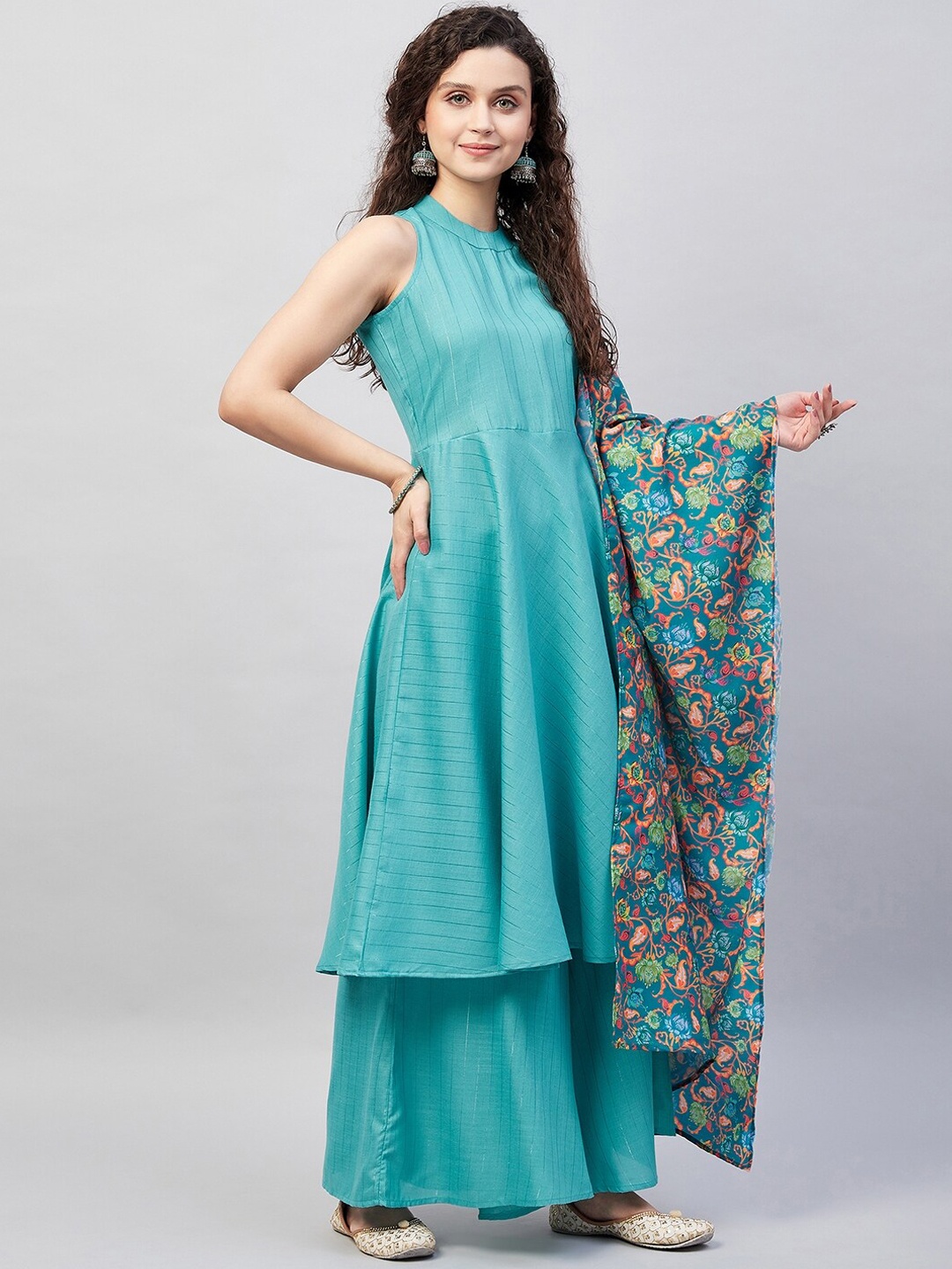 

InWeave Striped Round Neck Anarkali Kurta with Palazzos & Dupatta, Teal