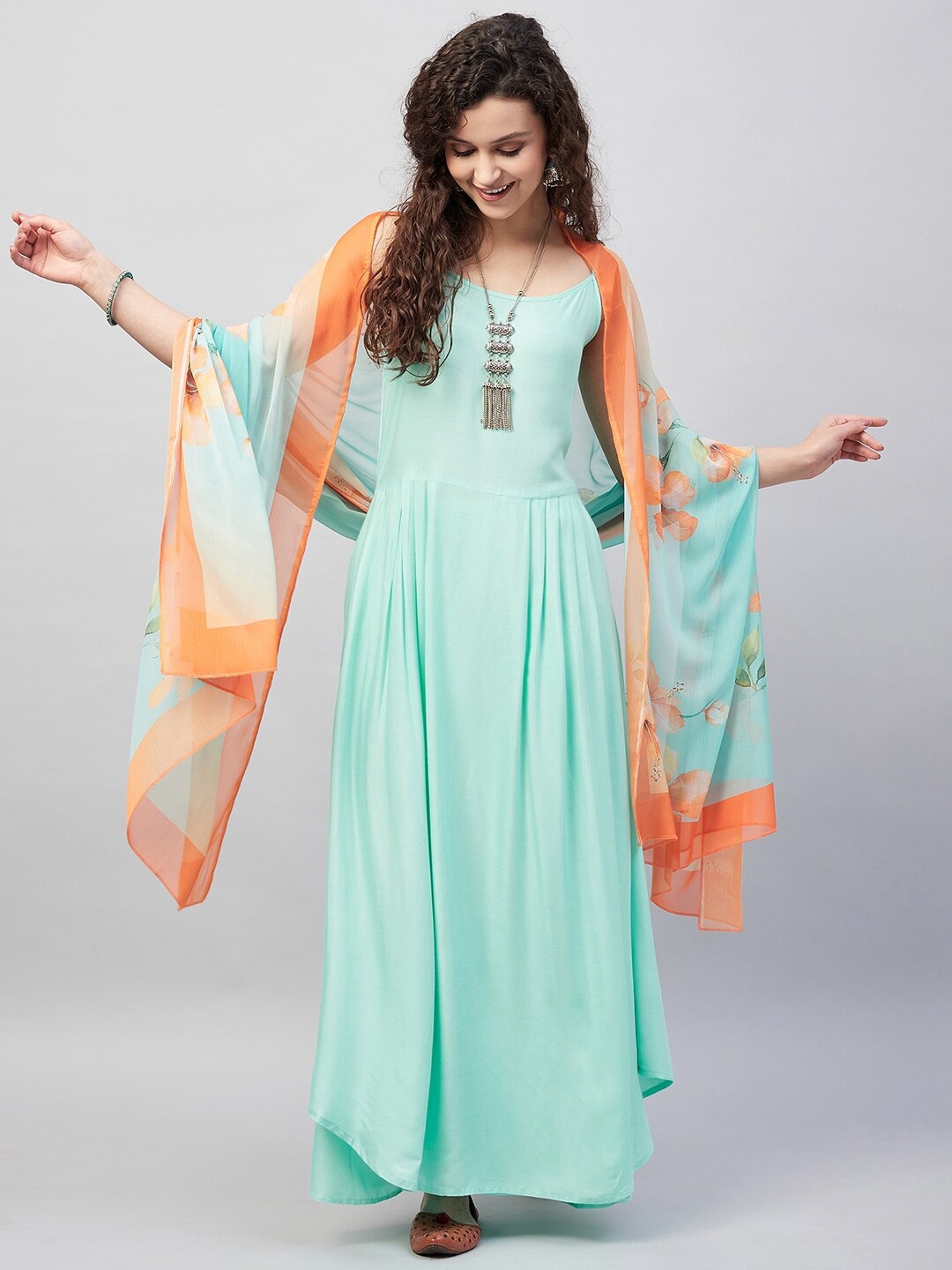 

InWeave Shoulder Straps Pleated Anarkali Kurta with Palazzos & Dupatta, Blue