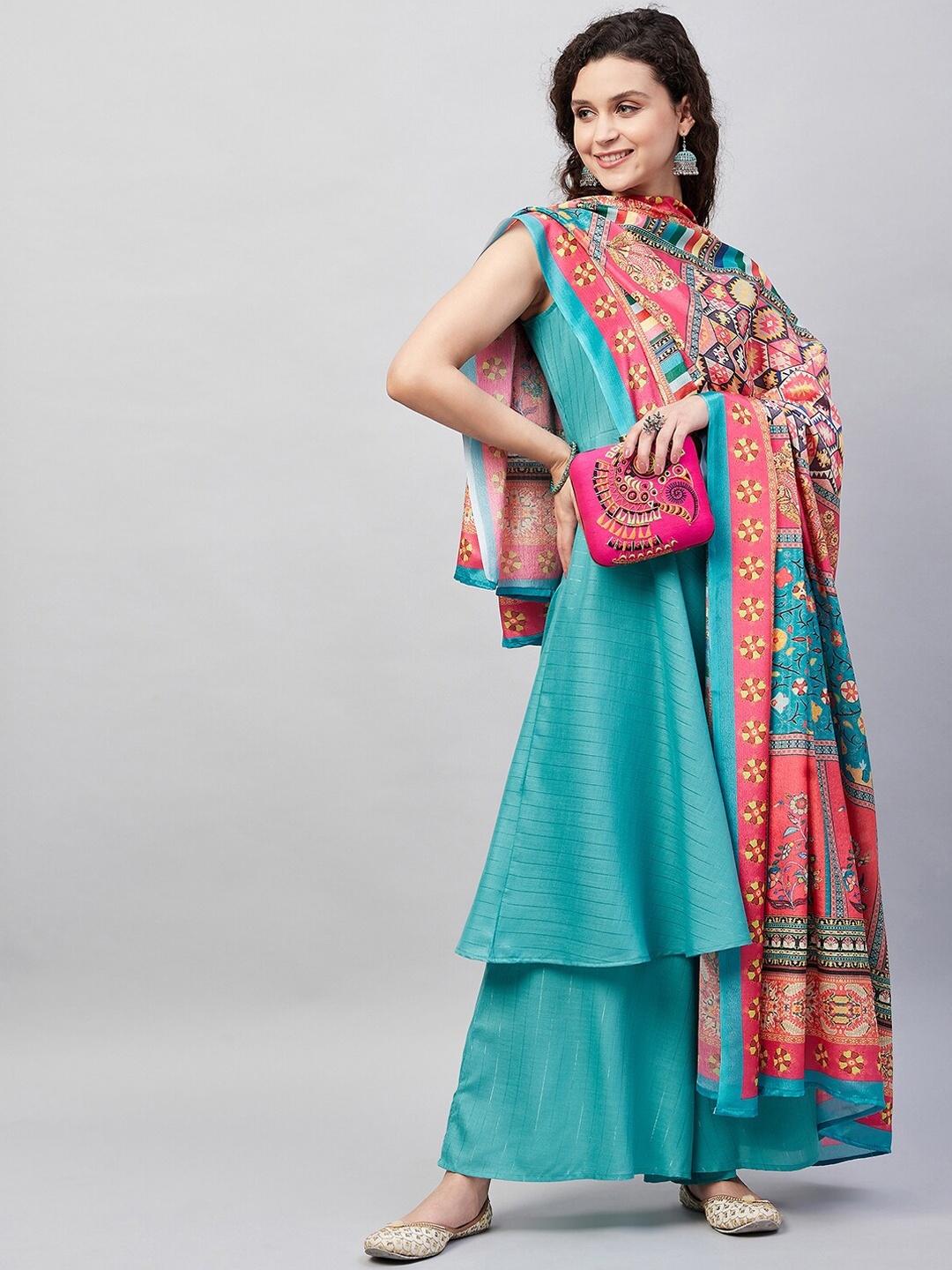 

InWeave Striped Round Neck Anarkali Kurta with Palazzos & Dupatta, Teal