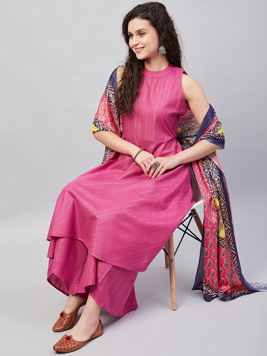 

InWeave Striped Round Neck Anarkali Kurta with Palazzos & Dupatta, Fuchsia