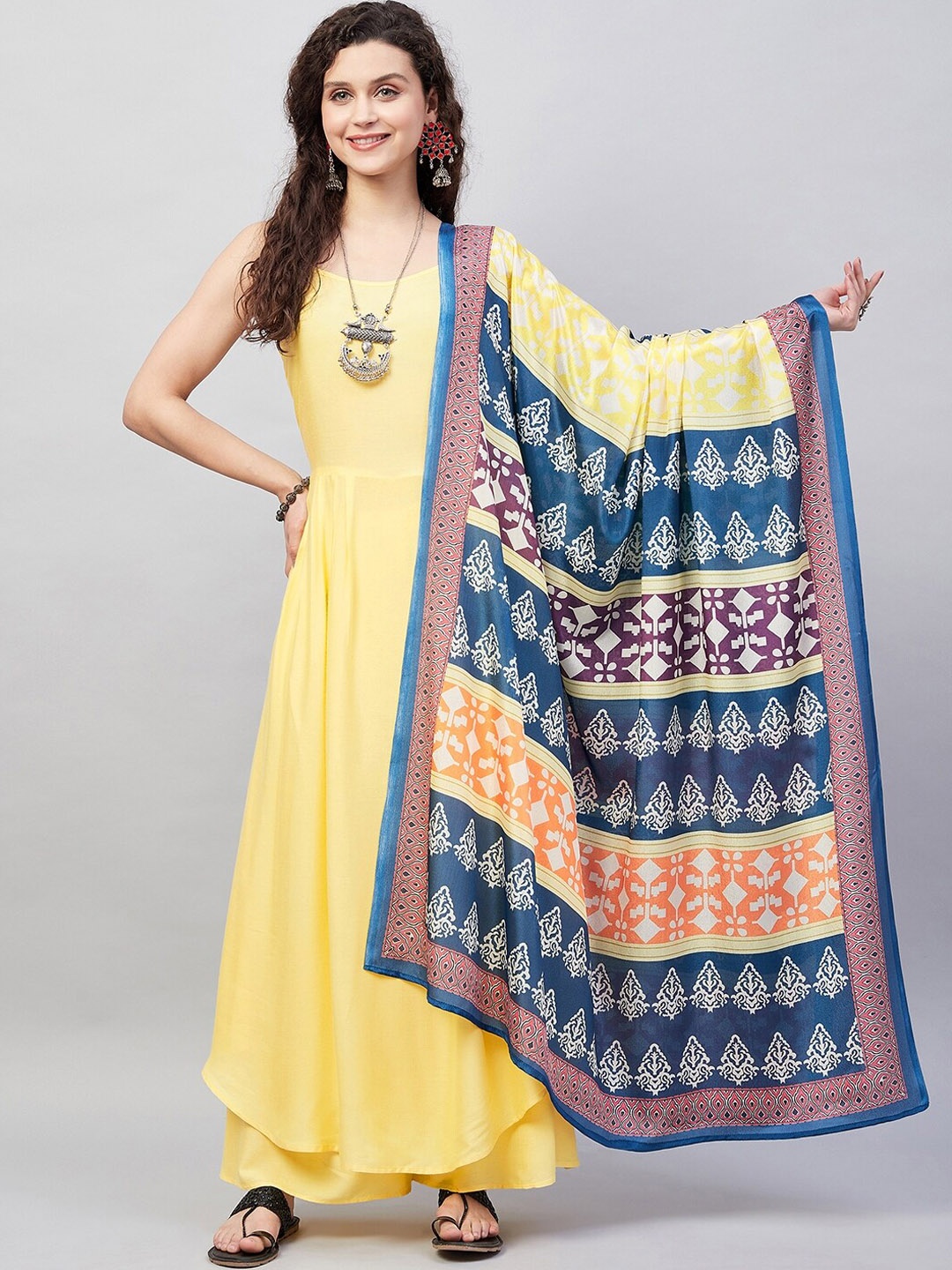 

InWeave Pleated Kurta with Palazzos & Dupatta, Yellow