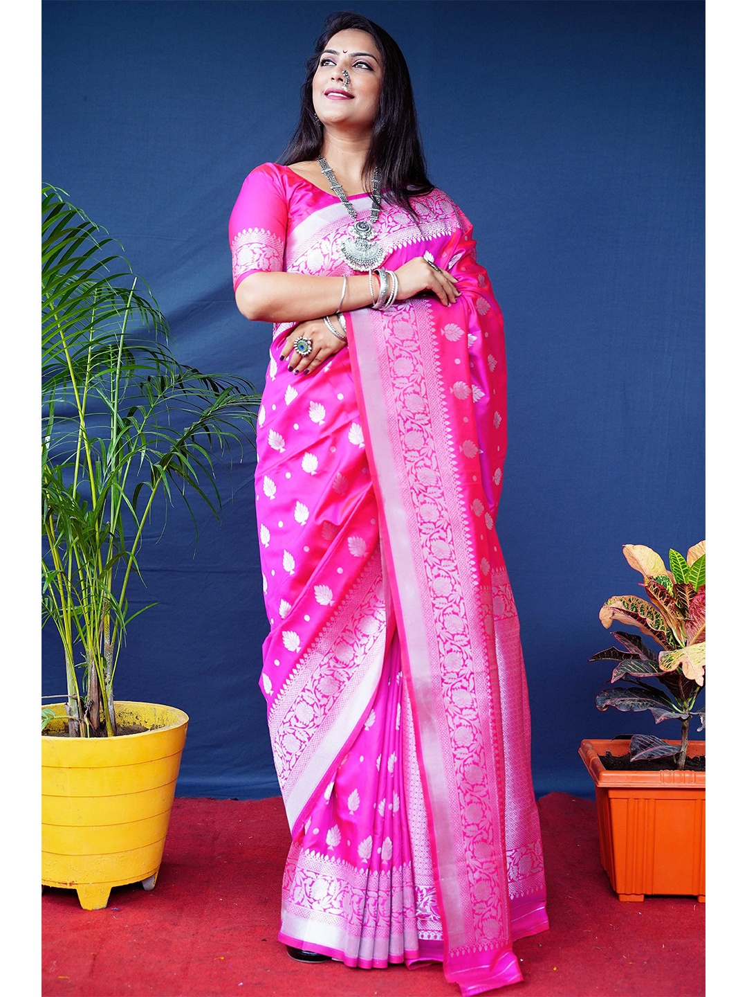 

Anaita Ethnic Motif Woven Design Zari Pure Silk Banarasi Saree, Pink
