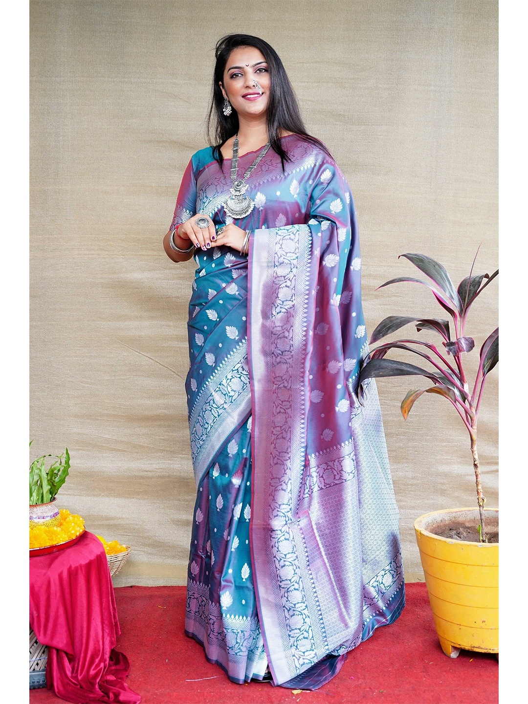 

Anaita Ethnic Motif Woven Design Zari Pure Silk Banarasi Saree, Teal