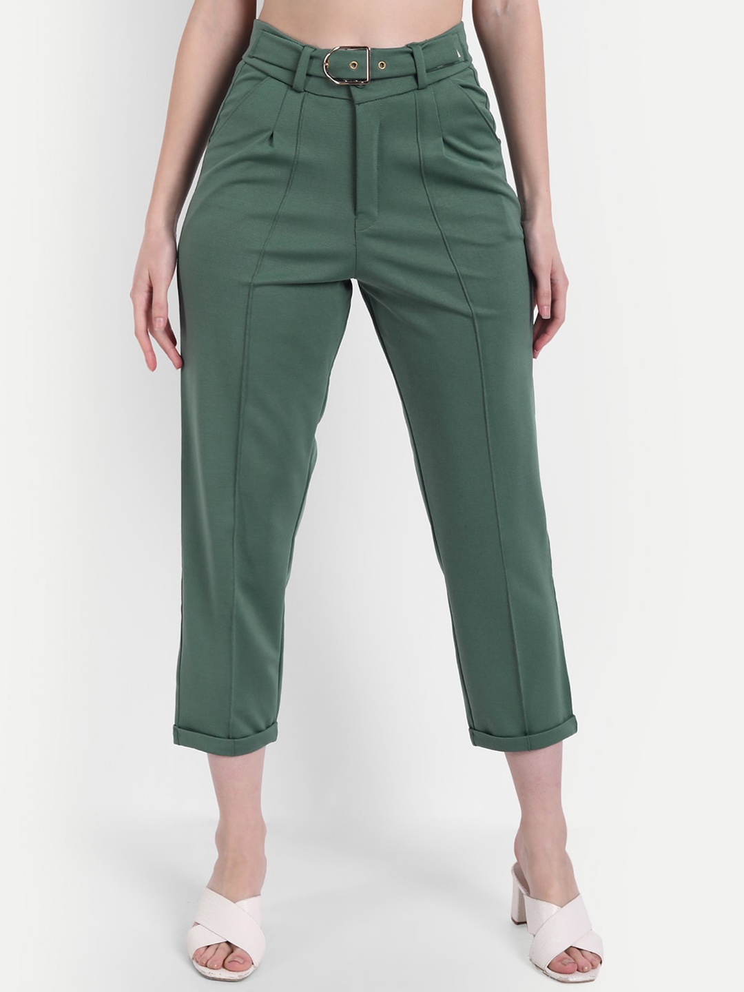 

Next One Women High-Rise Three-Fourth Pleated Trousers, Green